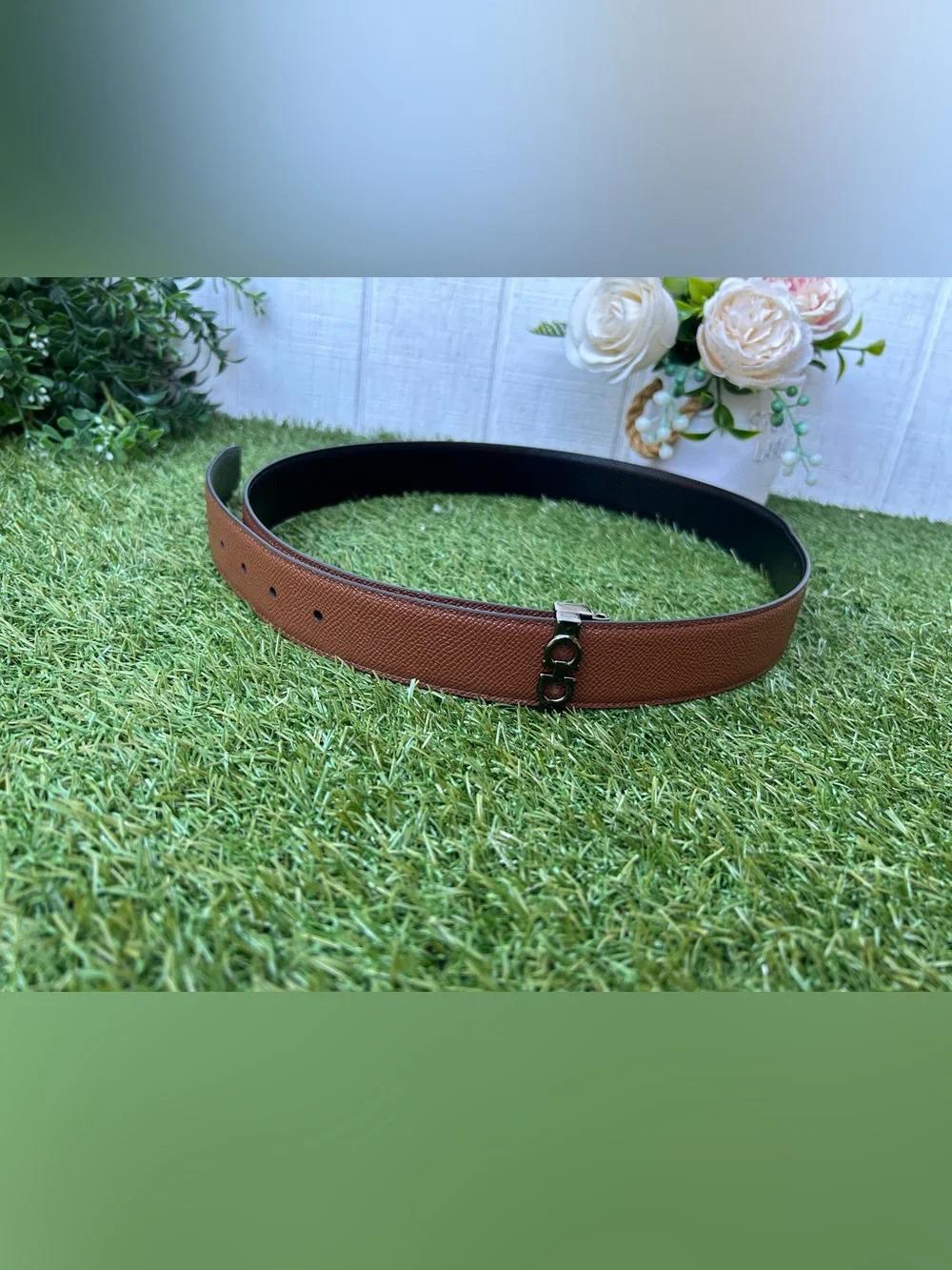 Salvatore Ferragamo Brown Leather Double Gancini Belt Strap Only